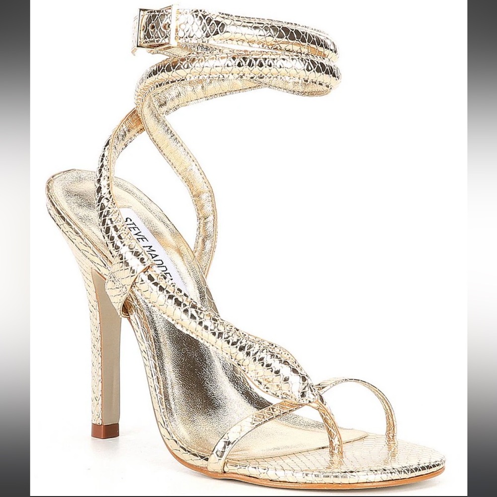 Steve Madden Scalia Metallic Snake Ankle Wrap Thong Dress Sandals